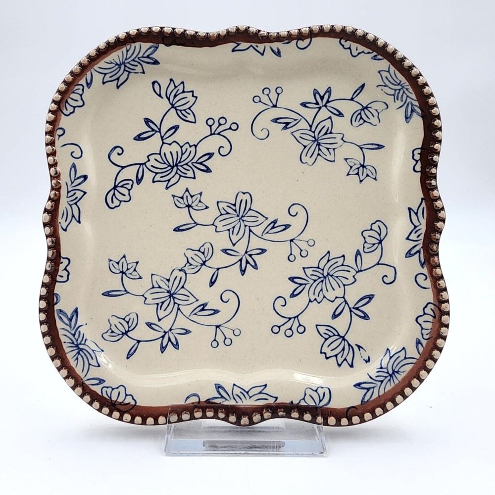Tara Temptations Square Salad Dessert Plate Floral Lace Blue Hand Painted 6.2 in